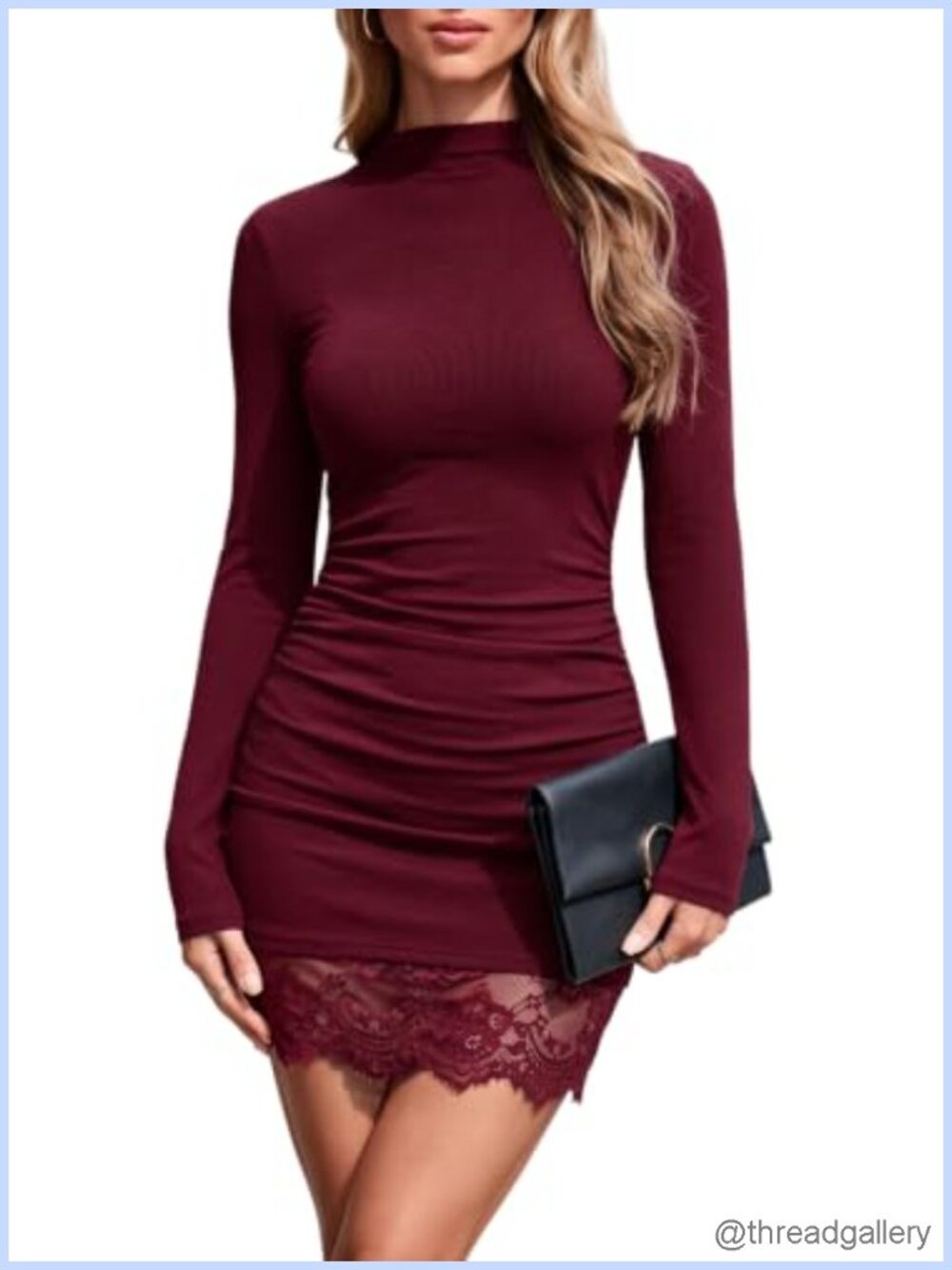 Womens Long Sleeve Mock Neck Lace Hem Bodycon Mini Dress Ruched Waist